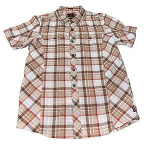 prAna Zoltan Slim Fit Short Sleeve Shirt - 100% Organic Cotton Plaid - Rust/Tan